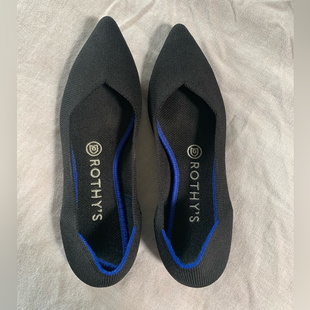 Black pointed toe Rothy’s flats.